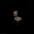 Tech Exhibition Hall Displaying Classic Wooden Chair With Carved Backrest And Striped Cushion