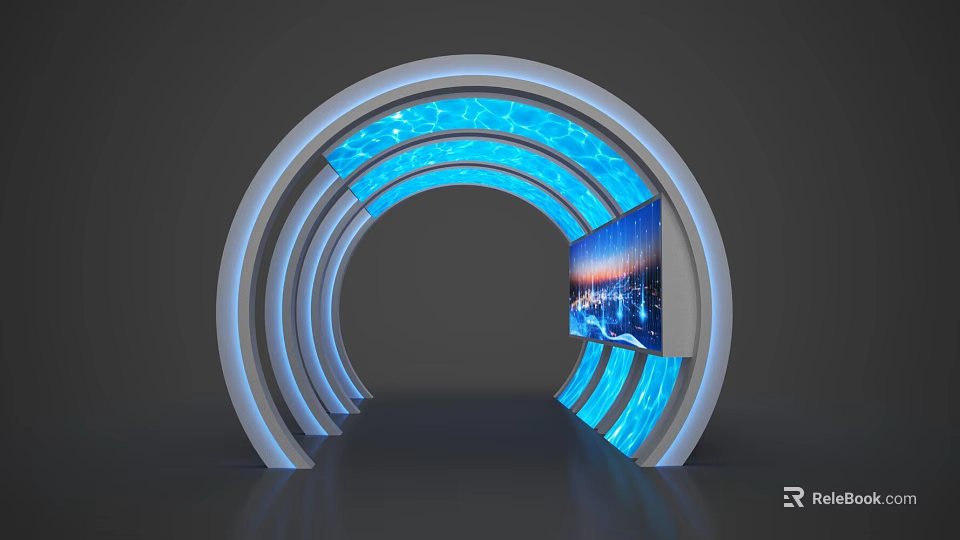 Exhibition Island With Arched Structures Blue Glowing Effects And Display Screen 3d model