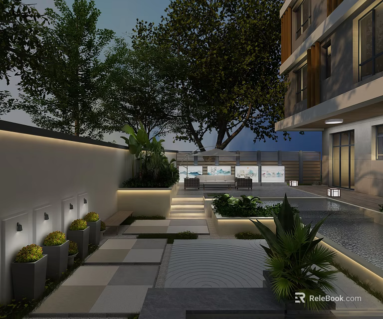 Modern Garden Landscape With Stone Paving Green Plants Lighting Water Feature And Building Facade 3d model 