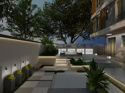 Modern Garden Landscape With Stone Paving Green Plants Lighting Water Feature And Building Facade 3d model