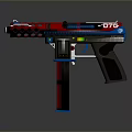 Futuristic Red And Blue Pistol With Detailed Design And Grip Features