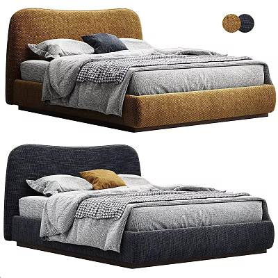 Upholstered Double Bed With Brown And Navy Blue Headboard Gray Bedding Plaid Blanket And Pillows 3d model