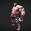 Game Movie Character Muscular Male with Tattoos Mask Tribal Decorations and Shorts