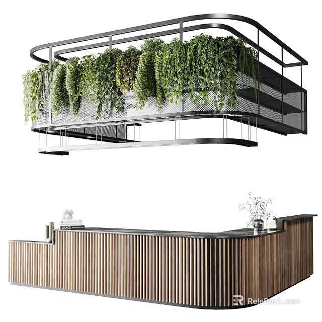 Modern Wooden Bar Counter With Hanging Green Plants In Interior Design 3d model 