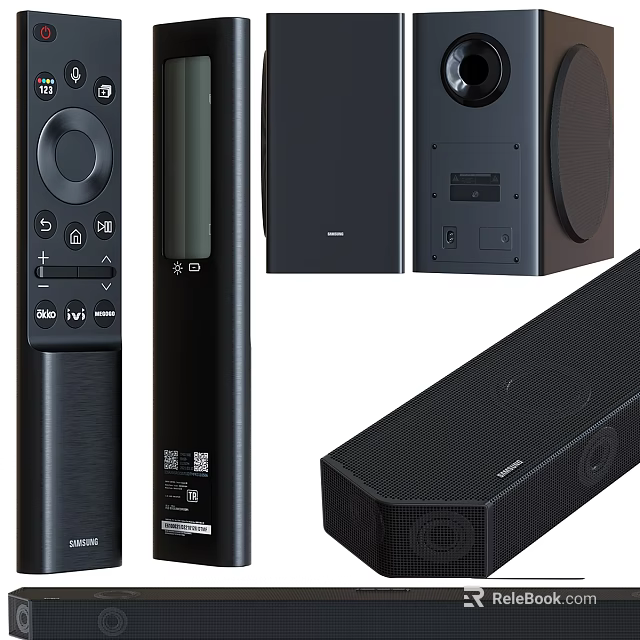 Black Samsung Home Theater Soundbar System With Remote Control And Speakers 3d model 