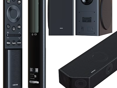 Black Samsung Home Theater Soundbar System With Remote Control And Speakers 3d model