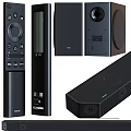 Black Samsung Home Theater Soundbar System With Remote Control And Speakers