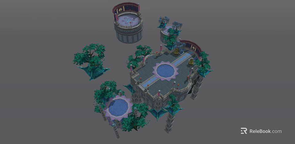 Intricate Ancient Architecture With Circular Pools Surrounding Trees And Decorative Platforms 3d model