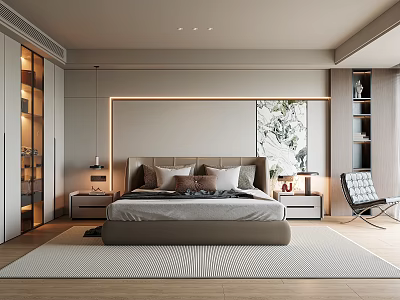 Modern Bedroom Interior Design With Upholstered Headboard Nightstands Wardrobe And Accent Chair 3d model
