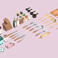 Essential Kitchen Supplies With Knives Spoons Cutting Boards And Wooden Utensils
