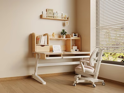 Wooden Kids Desk with Bookshelf Drawers and Ergonomic Chair in Bright Room with Small Plants and Books 3d model