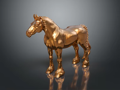 Polished Golden Horse Statue With Shiny Metallic Finish And Reflective Base 3d model