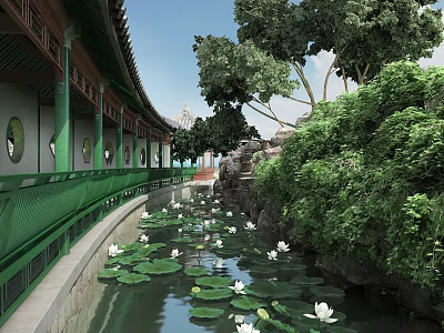 Traditional Chinese Garden Landscape With Green Corridor Pond Lotus Leaves Rock Formations And Lush Trees 3d model