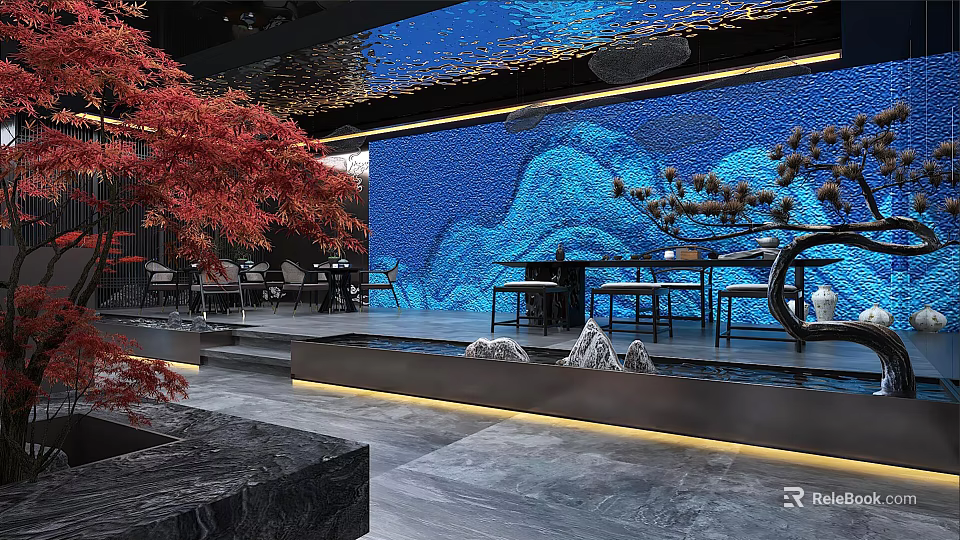 Luxurious Modern Clubhouse Interior With Blue Decorative Wall Red Maple Plant And Water Feature 3d model 