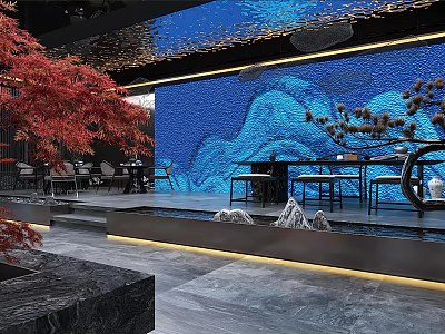 Luxurious Modern Clubhouse Interior With Blue Decorative Wall Red Maple Plant And Water Feature 3d model