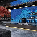 Luxurious Modern Clubhouse Interior With Blue Decorative Wall Red Maple Plant And Water Feature