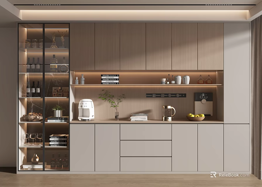 Modern Wine Cabinet With Glass Doors LED Lighting And Display Shelves For Kitchen Storage 3d model 