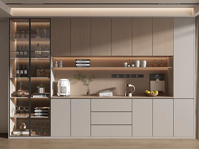 Modern Wine Cabinet With Glass Doors LED Lighting And Display Shelves For Kitchen Storage 3d model