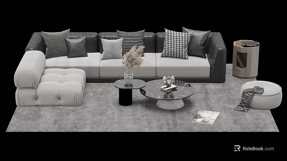 Modern Sofa and Coffee Table Set with Patterned Pillows Glass Top and Grey Area Rug 3d model