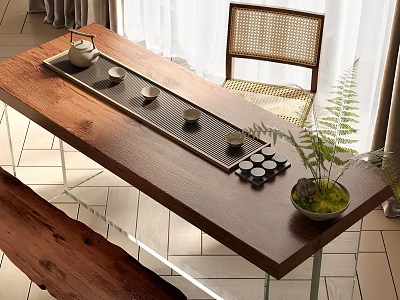 Wooden Tea Table and Rattan Chair with Tea Tray Cups Canisters and Green Plant 3d model