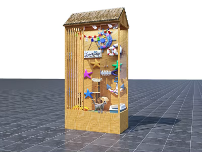 Wooden Display Cabinet with Thatched Roof Featuring Household Items and Decorative Toys 3d model