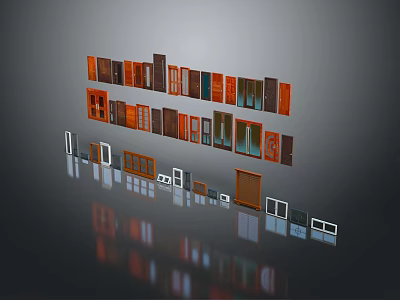 Various Wooden And Glass Doors Windows Displayed On Wall With Reflections 3d model