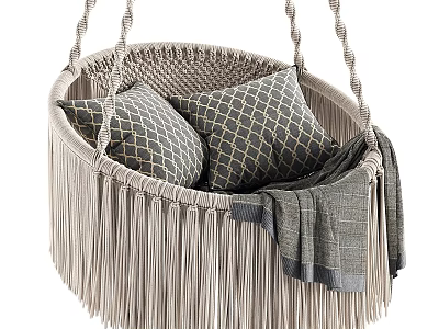 Woven Hanging Sofa Stool Featuring Fringe Plaid Cushions And Gray Blanket 3d model