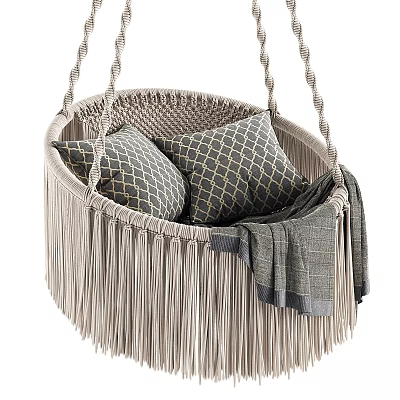 Woven Hanging Sofa Stool Featuring Fringe Plaid Cushions And Gray Blanket 3d model