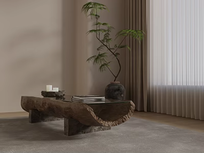 Natural Wood Coffee Table with Green Plant Stack of Books and Candles Near Curtains 3d model