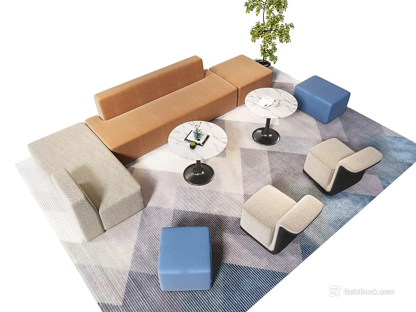 Modern Sofa and Coffee Table Set with Brown Beige Chairs Blue Ottomans Green Plant Rug 3d model 