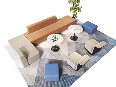 Modern Sofa and Coffee Table Set with Brown Beige Chairs Blue Ottomans Green Plant Rug 3d model