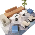 Modern Sofa and Coffee Table Set with Brown Beige Chairs Blue Ottomans Green Plant Rug