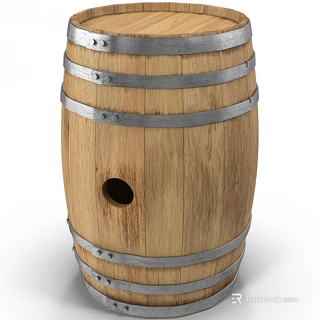 Rustic Wooden Barrel With Metal Hoops And Hole For Home Decoration 3d model 