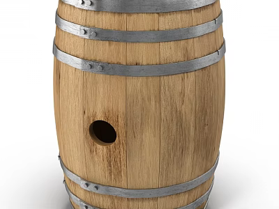 Rustic Wooden Barrel With Metal Hoops And Hole For Home Decoration 3d model