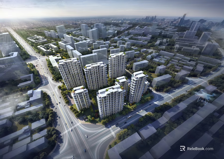 Aerial Planning of Urban Development With High Rise Buildings Roads and Green Areas 3d model 