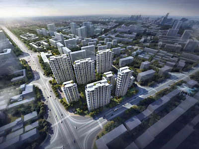 Aerial Planning of Urban Development With High Rise Buildings Roads and Green Areas 3d model