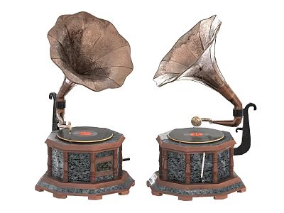 Pair of Vintage Gramophones With Retro Horn Speakers And Octagonal Wooden Bases 3d model