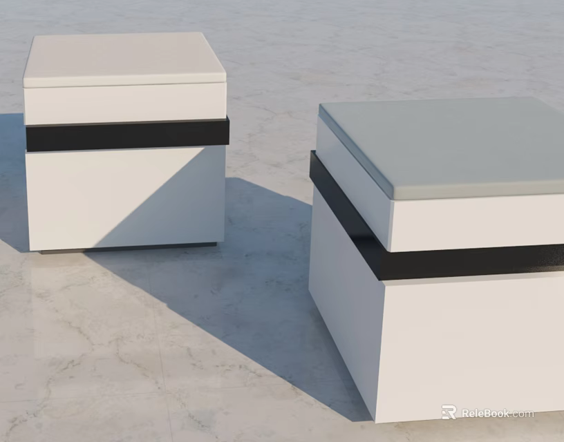Modern White Square Stools With Black Horizontal Bands And Light Gray Tops On Marble Floor 3d model 