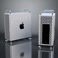 Sleek Silver Apple Computer Tower With Metal Design And Ventilation Holes On Stands