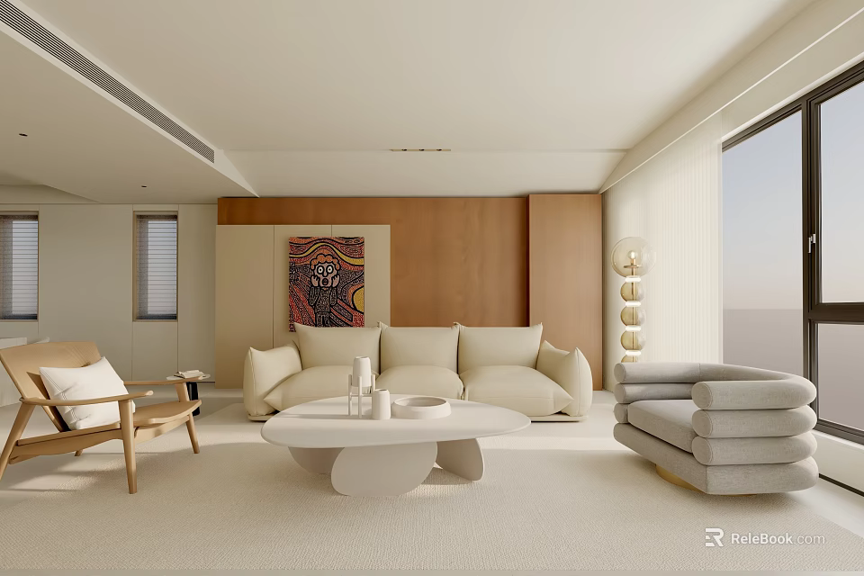 Modern Living Room Interior With Beige Sofa Round Coffee Table And Wooden Chair 3d model 