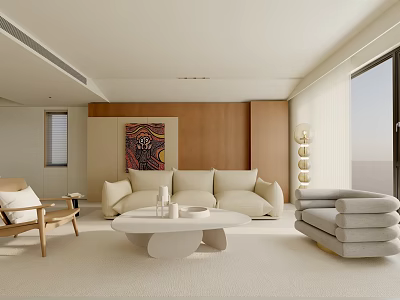 Modern Living Room Interior With Beige Sofa Round Coffee Table And Wooden Chair 3d model
