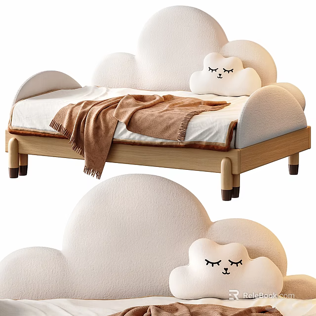 Kids Bed With Cloud Shaped Headboard Plush Design Wooden Frame And Soft Pillow 3d model 