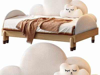 Kids Bed With Cloud Shaped Headboard Plush Design Wooden Frame And Soft Pillow 3d model