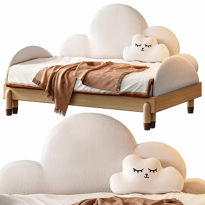 Kids Bed With Cloud Shaped Headboard Plush Design Wooden Frame And Soft Pillow 3d model