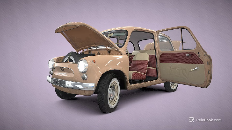 Vintage Beige Car With Open Hood And Doors Showing Retro Red Seats Interior 3d model 