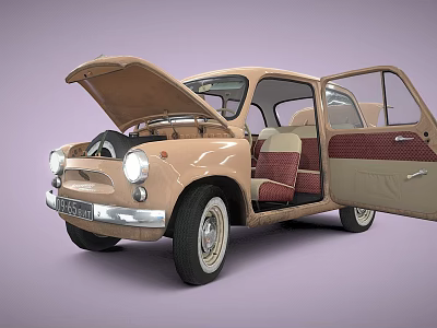 Vintage Beige Car With Open Hood And Doors Showing Retro Red Seats Interior 3d model