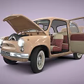 Vintage Beige Car With Open Hood And Doors Showing Retro Red Seats Interior