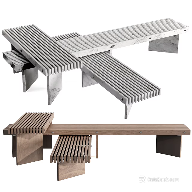 Modern Outdoor Bench With Slatted Wooden Design And Metal Frame For Garden Patio 3d model 
