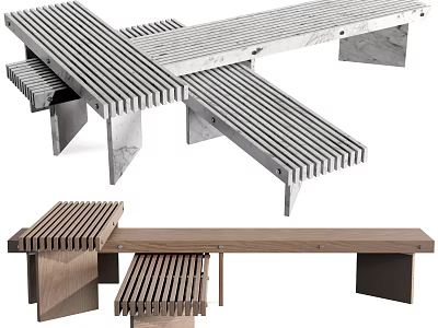 Modern Outdoor Bench With Slatted Wooden Design And Metal Frame For Garden Patio 3d model