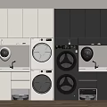 Modern Laundry Room With White And Black Cabinets Washing Machines And Dryers